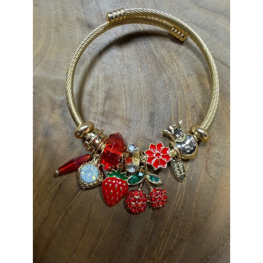 Gold Tone Fruit Charm Bangle Bracelet Strawberry Cherry Red‎ Crystal Adjustable